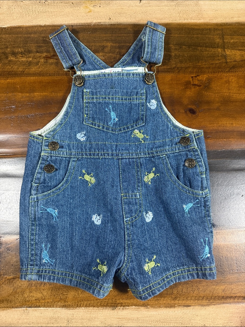 B.T Kids Denim Frog Embroidered Shortalls - Blue
